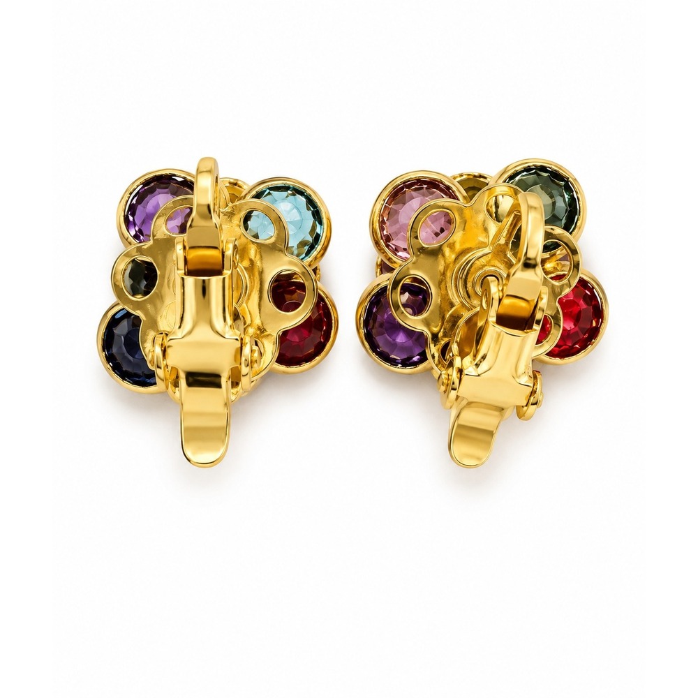 Vintage 1980s Multicolor Rhinestone Flower Clip-On Earrings Gold Tone Statement - Picture 3 of 5